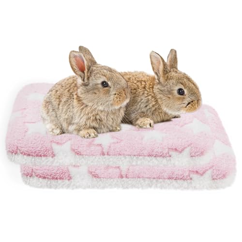 Amakunft 2 Pcs Guinea Pig Bed Mat Washable, Rabbit Winter Bed Pad for Indoor, Warm Small Animal Bed Mattres, Fleece Sleeping Pad for Bunny, Rat, Hedgehog, Sugar Glider, Chinchilla (Pink Star, Large) - size: Large