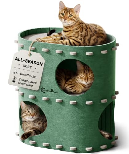 DownyPaws Cat House for Indoor Cats, 2-Storey Cat Bed Cave, Forest | Cat Hideaway Enclosed Bed,Cave Hideout Fort,Kitten Houses for Large Cats,Hide Box Bed Multicats Scratch Resistant - color: Forest, size: Double