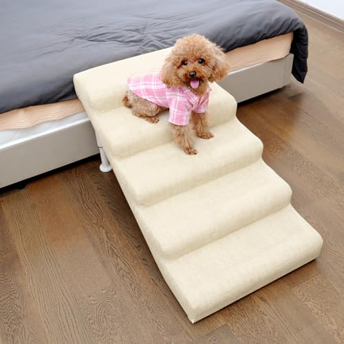Dog Stairs for High Bed & Couch, Adjustable 5 Step Pet Steps | 19.7" Wide, For Small, Medium & Large Dogs, Non-slip Linen Faux Leather, Holds up to 150 lbs, Adjustable Height 18.5"–21.7"