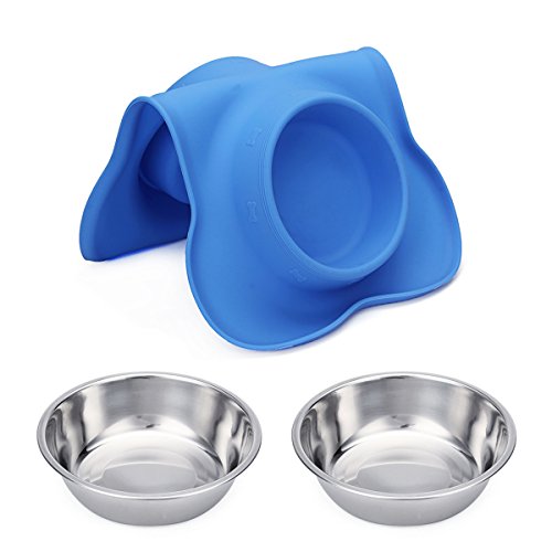 Hubulk Pet Dog Bowls 2 Stainless Steel Dog Bowl with No Spill Non-Skid Silicone Mat + Pet Food Scoop Water and Food Feeder Bowls for Feeding Small Medium Large Dogs Cats Puppies (Small, Blue) - color: Blue, size: Small