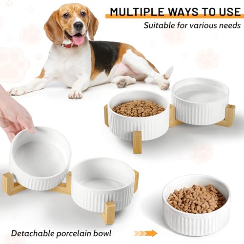 Non-Slip Ceramic Dog Bowls with Wooden Stand,8" Dog Food and Water Bowl Set with Silicone Base, 64 OZ/8 Cups Weighted Flip-Proof Pet Feeding Bowl for Small Dogs and Cats (Large,White) - color: Wood Stand, size: 8 Cups