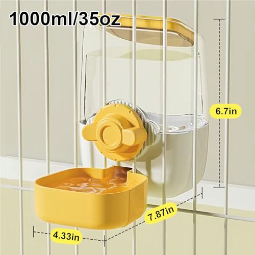 35oz Rabbit Water Bottle, Pet Hanging Automatic Water Dispenser for Small Animal Ferret Guinea Pig Chinchilla Dog Cat (Cage Grid Spacing 1.2''-2.1'') (Yellow)