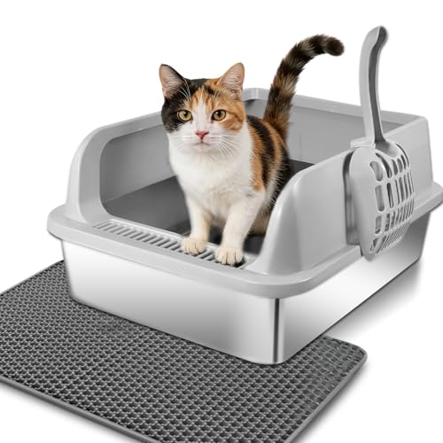 Stainless Steel Cat Litter Box, High Wall Kitty Litter Box for Small Cats, Metal Litter Box with Lid, Non-Sticky, Anti-Leakage, Easy Cleaning, Include Cat Mat and Scoop, 17.2"x13.2"x8.4" - color: 1 Pack Grey