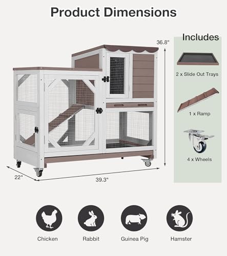 Rabbit Hutch 2-Story Wooden Bunny Cage with 2 Leak-Proof Sliding Trays, Chew-Proof Metal Mesh, Rainproof Cover, Indoor & Outdoor Guinea Pig House with Wheels - Brown - color: 39"L Brown