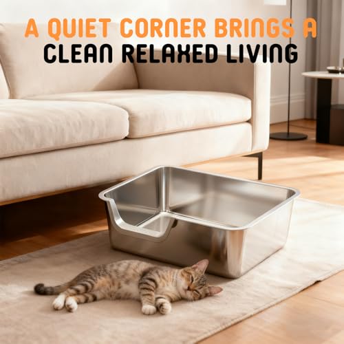 Stainless Steel Litter Box with High Sides,23.60" L X 15.7" W X 7.8" H,Extra Large Jumbo Cat Litter Box,XL Kitty Metal Liter Box for Indoor Big Cats,Non-Sticky,Anti-Leakage(Left Entry) - size: Left Entry (Long Side)