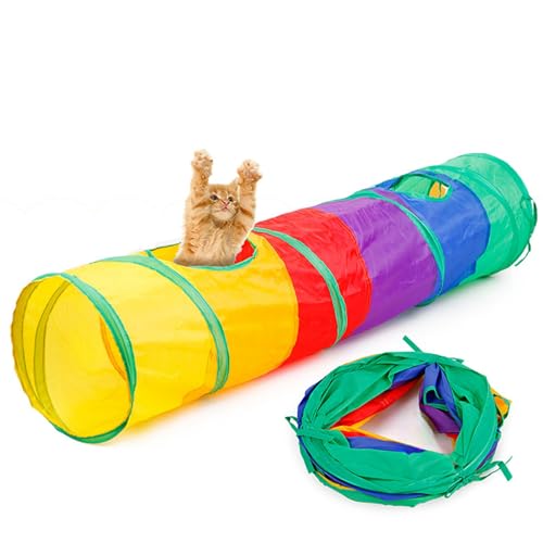iCAGY Cat Tunnel for Indoor Cats Kittens Rabbits, Foldable Tunnel Toys | Interactive Pet Crinkle Pop Up Tunnel Play Toys, Relieve Cat Boredom, Rainbow 45"