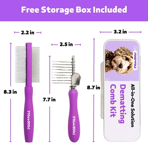 Pain-Free Dematting Comb Kit for Dogs & Cats, Dematting Rake & Detangling Dual-Side Comb Set, Dematting Brush for Dogs & Cats, Pet Grooming Tools Kit for Poodle Doodle & All Long Haired Pets