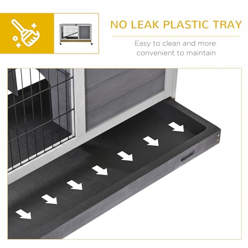 PawHut Wooden Rabbit Hutch Indoor Outdoor, Elevated Bunny Cage with No Leak Tray Enclosed Run with Wheels, Ideal for Guinea Pigs and Small Animals, Gray | No Leak Tray Enclosed Run with Wheels, for Rabbits, Chickens, Ducks, Guinea Pigs and Small Animals -