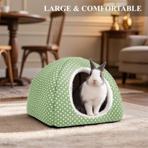 Rabbit Hideout Large Bunny Bed Washable Rabbit House | Fleece Hiding Hut for Indoor Bunnies Guinea Pigs, Small Animal Hideaway - color: Green