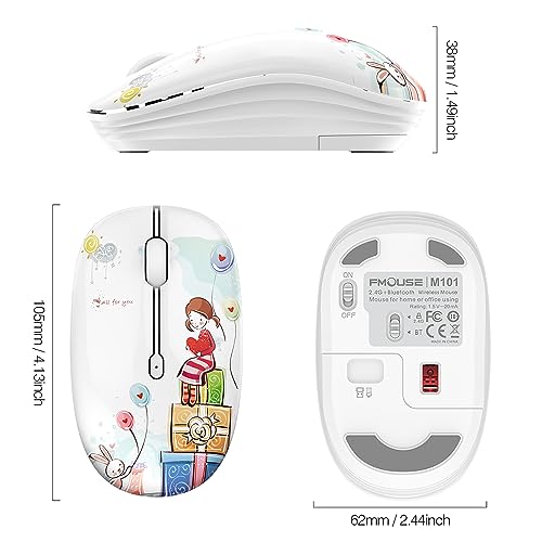 FMOUSE Cute Cartoon Silent Wireless Mouse, Dual Mode Bluetooth & USB 2.4G | Girl Pattern, Ideal for Kids Students Female & Office Use | AA Battery Powered | Compatible with Laptop Mac iPad Tablet PC - color: Girl