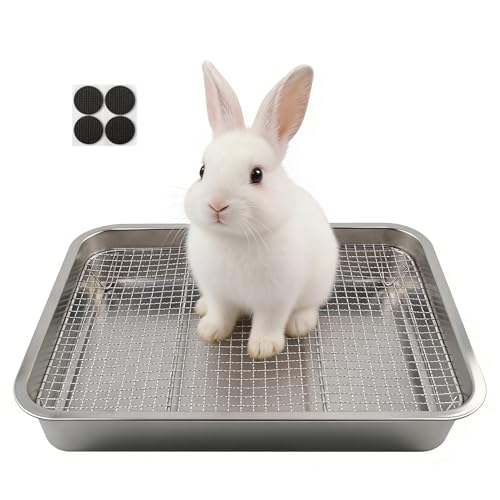 Rabbit Litter Box Stainless Steel Gird Rabbit Litter Box,304 Stainless Steel Sifting Tray with &Non-Slip Feet Mats,Small Animal Toilet Potty Tray Easy to Clean and Wash