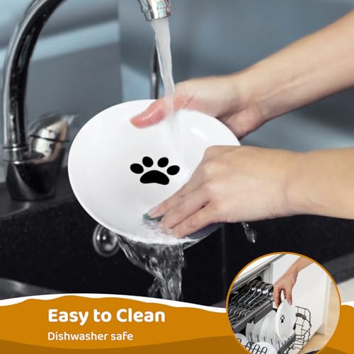Ceramic Cat Food Plates: Cat Wet Food Bowls/Whisker Fatigue Cat Dishes & Shallow Bowls for Kittens and Small Animals1 | For wet/dry food; fits kittens, rabbits, hamsters; microwave & dishwasher safe; stable paw-print design