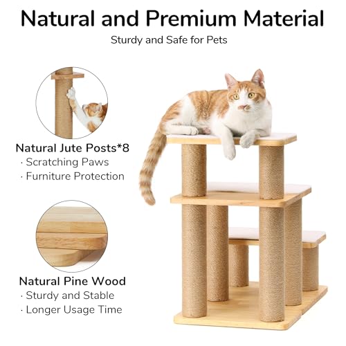 FUKUMARU Dog Stairs, Solid Wood Pet Stairs with Cat Scratching Post | Transformable Cat Step Hold Up to 200 lbs, 20" Pet Ramp for Dogs and Cats to Climb High Bed and Couch, Over 6 Combinations - color: Beige