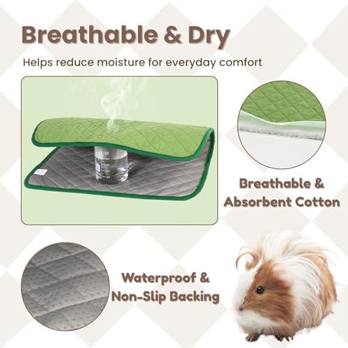 3 Pack Guinea Pig Pad 12" x 12", Washable Fleece Cage Liner, Green | Soft fleece surface. 4-layer absorbent protection. Waterproof TPU & anti-slip bottom. Washable and reusable pee pad