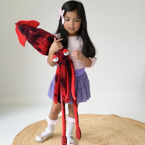 Giant Squid Stuffed Animal with 4 Sea Animal Plush, Red, 41.3" | 5Pcs Squid Plush Toy: Crab, Seahorse, Clownfish & Anglerfish; Zipper Head Storage; Weighted Tentacles; Birthday Gift for Kids - style: Squid Red