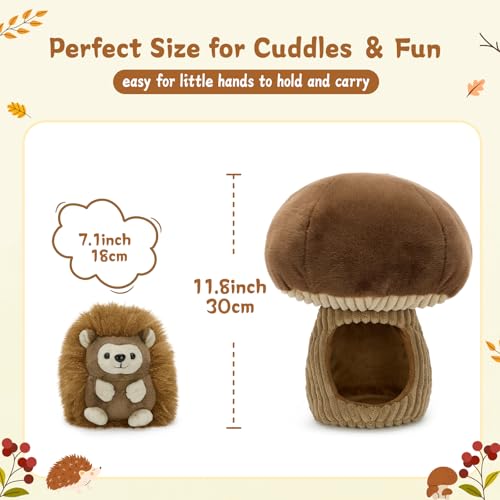 MaoGoLan 2pcs Hedgehog Stuffed Animal - 12" Mushroom Plush House with Stuffed Hedgehog, Soft Cute Hedgehog Plushie Toy for Kids Girls Boys Gift - color: Brown Hedgehog