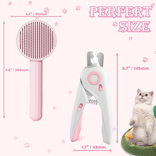 Self Cleaning Cat Brush for Shedding, LED Light Nail Clipper and Nail File | Slicker Brushes and Nail Trimmer for Long Haired Cats, Grooming Kit, Cat Lover Gifts - color: Pink