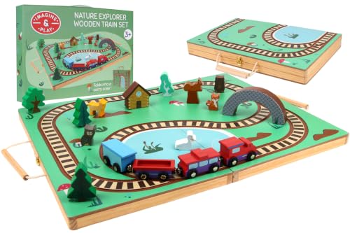 Imagine & Play Nature Explorer – 17 Piece Wooden Train Set with Foldable Carrying Board, Forest Animals & Bridge – Toddler Toys, Train Toys, Toys for Kids Boys & Girls 3+, Gifts for 3 Year Old Boys