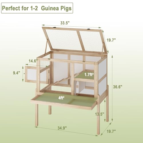 Timechee Guinea Pig House for 2 with Stand, Small Animals Rabbit Cages with a Pull Out Tray, Wooden 2 Stories Indoor Large Hamster Habitat Playpen with Ramp, Hideout, Platform
