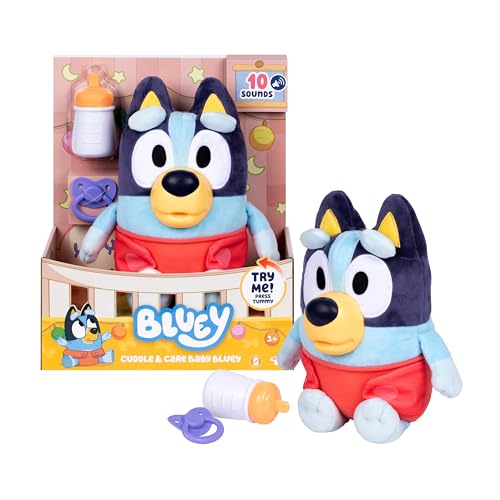 Bluey Toys, Care and Cuddle Baby Plush Toy, 11", 10 Sounds, Ages 3+ | Includes bottle, pacifier, and removable cloth diaper for nurturing play, interactive toddler toys - style: Cuddle & Care Baby Bluey