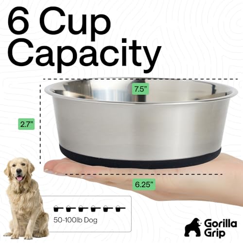 GORILLA GRIP Dog Bowl, Holds 6 Cups (48 fl oz), Food Grade 304 Stainless Steel Food and Water Bowl for Feeding Dogs and Cats, BPA Free Rubber Base, Easy Clean, Dishwasher Safe, Rust Resistant, Black - color: Black, size: 6 Cup (48 Oz)