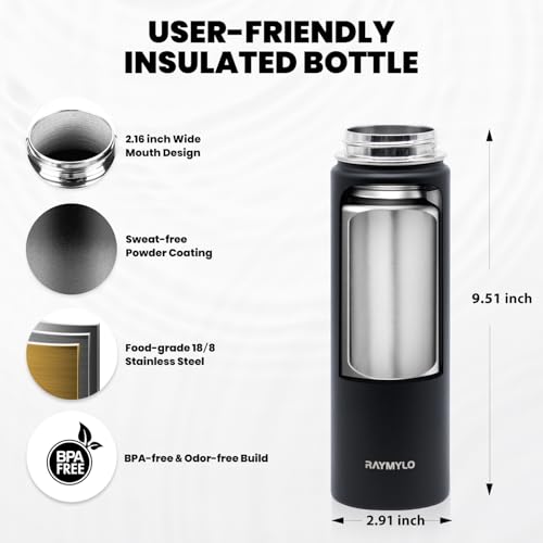 RAYMYLO Insulated Water Bottle 20 oz, Triple Wall Vacuum Stainless Steel | (Cold for 24Hrs, Hot for 12Hrs), Leak Proof & Non-BPA, Modern Water Bottle Jug for School with Straw Spout Lids - color: Magic Black, size: 20 Ounces