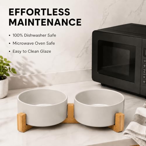 SPUNKYJUNKY Ceramic Dog and Cat Bowl with Wood Stand Non-Slip Matte Glaze Weighted Food Water Set for Cat Medium Dog 28.7 OZ - color: Grey × 2, size: 3.6 cups