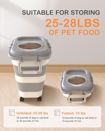 25-28Lbs Dog Food Storage Container Airtight,Collapsible Pet Food Storage | Dog Food Container with Handle,Wheels,Double Airtight Seal Fresh,Save Space,Pest/Mouse-proof,Small Cat Food Container,Scoop - color: Grey/25-28 Lbs