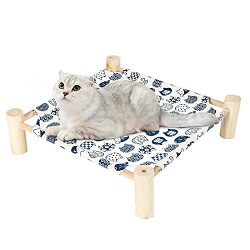 Patas Lague Cat Hammock Bed Small Eleveted Dog Bed 19x19 in White Cat | Brethable Wooden Pet Bed, Cooling Rabbit Cot, Outdoor Cat Furniture For Summer - color: White Cat