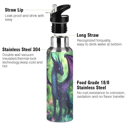 Purple Dragon Water Bottle Kids Insulated Sports Vacuum Stainless Steel Mug with Straw Lid & Handle 20 oz - color: A001