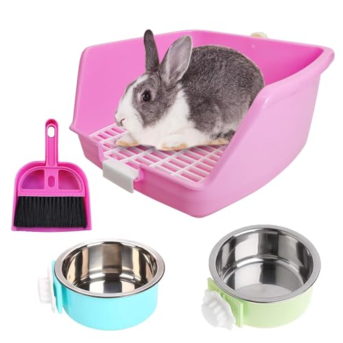 PINVNBY Rabbit Litter Box for Cage Bunny Corner Bedding Box Small Animal Litter Pan Hanging Pet Bowls Cage Potty Trainer Pet Toilet for Rabbit Bunny Guinea Pigs - color: Pink, size: M: 11.02 x 11.02 x 6.3 inches (Fixed on one side)