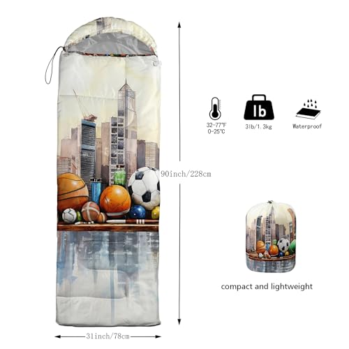 Sleeping Bags for Adults and Kids Backpacking Camping Sleeping Bags for Girls and Boys Lightweight Waterproof Cold/Warm 3-Season - color: Cartoon Sports Ball City Skyline
