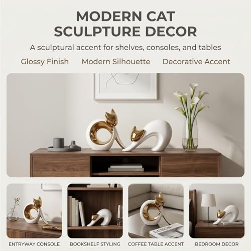 Abstract Stretching Cat Statue for Modern Home Decor, 4.75'' White and Gold Minimalist Cat Figurine for Table, Shelf, Desk, Entryway, Mantle Decor, Perfect for Animal & Pet Lovers - color: White