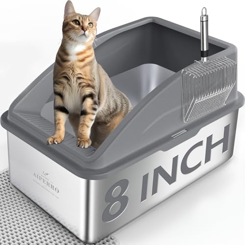 AIPERRO Stainless Steel Litter Box | XXL Deepened 8" Design Enclosed Box with Lid for Big Cats | High Sided, Anti-Urine Leakage | Non-Stick Bottom & Includes Litter Mat & Metal Scoop - color: Dark Grey, size: XX-Large
