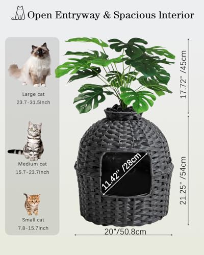 SETVSON Cat Litter Box Plant Furniture Enclosure, PE Rattan House, Black | Decorative Planter Design, Easy Clean, Artificial Plants & Real Stones Included, Private Inner Litter Box, 20" x 20" Compact - color: Black
