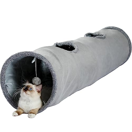 PAWZ Road Cat Tunnel 51 Inches Long Cat Toys Collapsible Tunnel 12”Diameter | Large Cats Tube for Big Cats,Rabbits and Puppy Extra Long Cat Play Tunnel Straight with 2 Peepholes for Indoor&Adult Cats