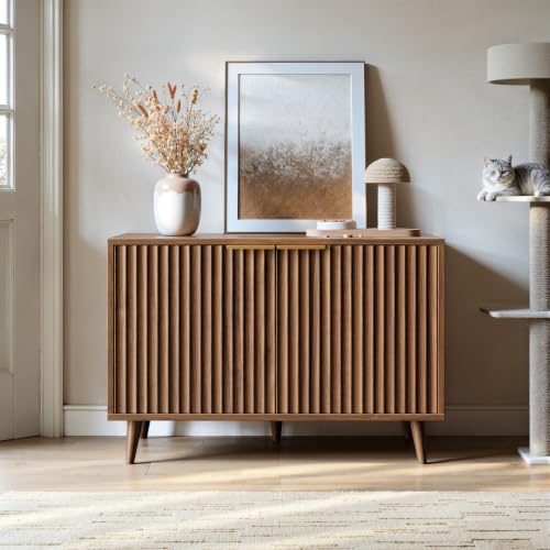 Evermagin 31.5" Cat Litter Box Enclosure Furniture with Legs | Walnut Hidden Litter Box Cabinet, Modern Indoor Cat House, Fluted Kitty End Table for Living Room, Bedroom, Entryway - color: NA Walnut