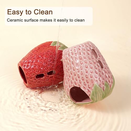 Adjustable No-Drip Pink Strawberry Ceramic Hamster Water Bottle | 80ML,2-in-1 Drinking Station and Stable Hideout for Glass Tanks with No-Drip 2 Caps,Fits Hamsters, Gerbils & Small Pets