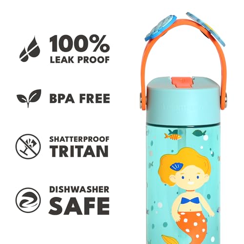 Elemental Water Bottles for Kids - Splash Kids Water Bottle for School with Fun Charm Handle - BPA Free Tritan Plastic Bottle with Straw Leak Proof When Spout is Closed - 18oz - Sunny Mermaid - color: Sunny Mermaid