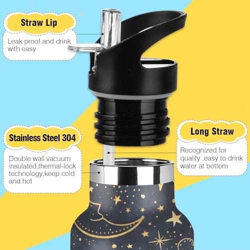 Boho Sun Moon Insulated Water Bottle with Straw Lid,Vacuum Stainless Steel Mug Leakproof Tumbler Flask Kids Water Bottle for Sports Travel School,20oz - color: Boho Sun Moon