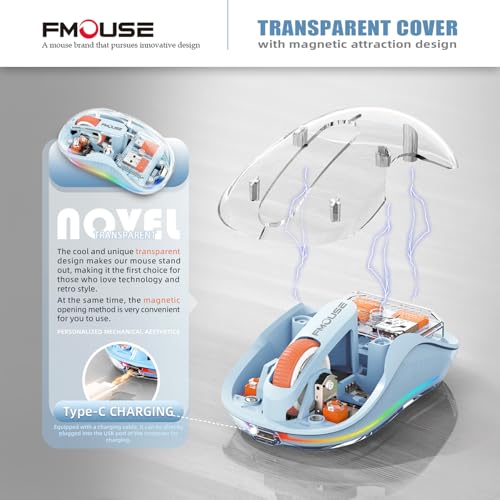 FMOUSE Transparent Wireless Mouse, Tri-Mode Bluetooth & 2.4GHz, Blue | USB-A & USB-C Receiver | Rechargeable | 3 Devices for MacBook Laptop iPad PC | Silent Clicks | Portable | RGB | 4-Level DPI - color: Blue