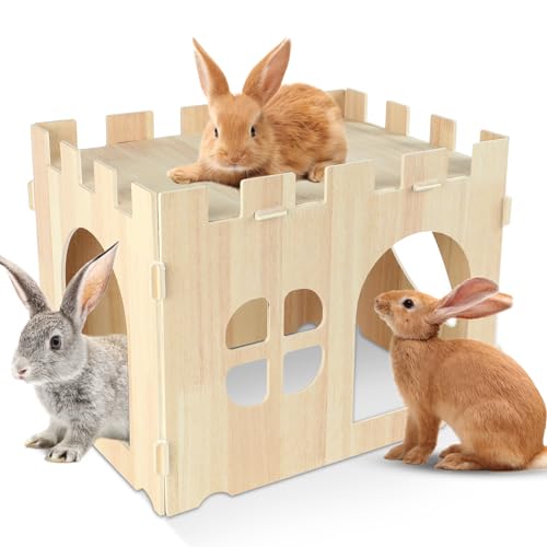 YUEPET Wooden Rabbit Castle, Bunny Castle & Detachable Rabbit House Hideout | Poplar Plywood Panels, Tool-Free Assembly, 12 Rubber Fastening Rings, Two-Level Hideout, Bunny House Indoor - size: Rabbit Castle+No Ramp