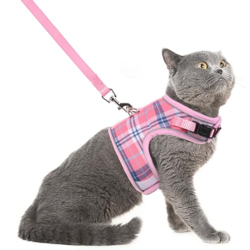 PUPTECK Soft Mesh Cat Vest Harness and Leash Set Puppy Padded Pet Harnesses Escape Proof for Cats Small Dogs Rabbits Bunny, Plaid Pink, L - color: Light Pink(Plaid), size: L(NECK 8.5"-10.5", CHEST 12.5"-15", 6-10 lbs)