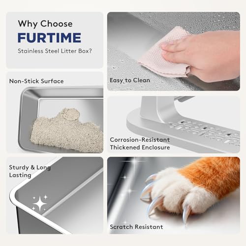 FURTIME 2 Pack Stainless Steel Cat Litter Box with Lid, Metal Kitty Litter Box for Small Cats, Kitten Litter Boxs with Non-Sticky, Anti-Leakage, Easy to Clean, 17"x13"x8.4" (Small) - color: Silver