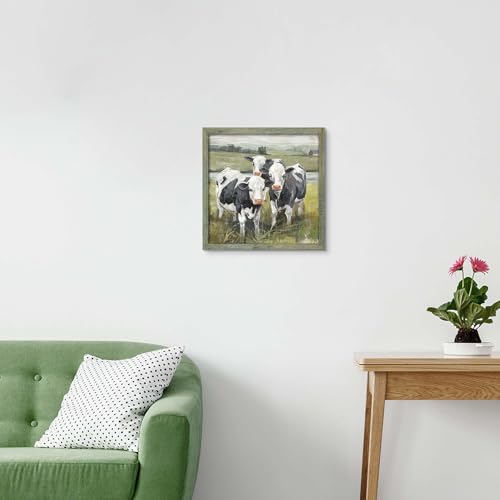 Farm Animal Wall Art Picture: Rustic Farmhouse Framed Wooden Print Decor Country Artwork Rural Cattle Cow Painting for Living Room Bathroom Kitchen 12 x 12 Inches - color: Farm Cow, size: 12L" x 12W"