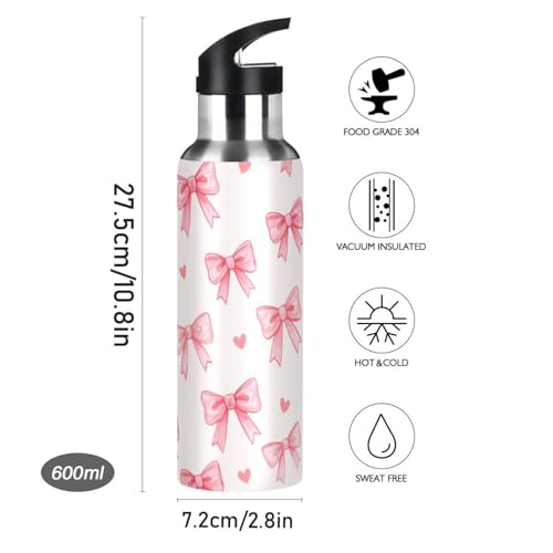 Pink Bows Red Water Bottle Kids Stainless Steel Water Bottle with Straw Lid | Leak Proof Boys Girls Insulated Tumbler Cup for School 20 oz - color: Multi20