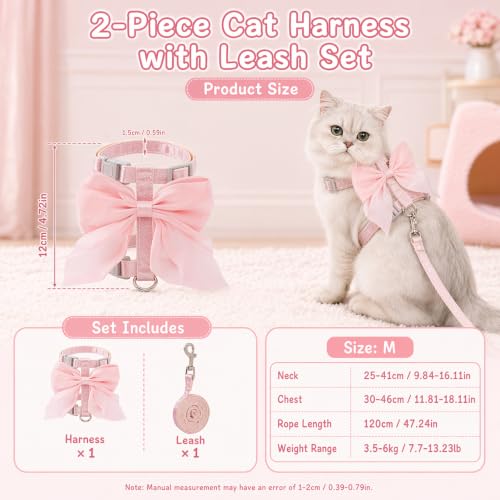 Kitten Harness and Leash Set, Escape Proof Cat Harness with Adjustable Design, Pink Bow Cat Vest Harness for Outdoor Walking, Soft Lightweight Harness for Small Cats Dogs Rabbits (Medium Size)