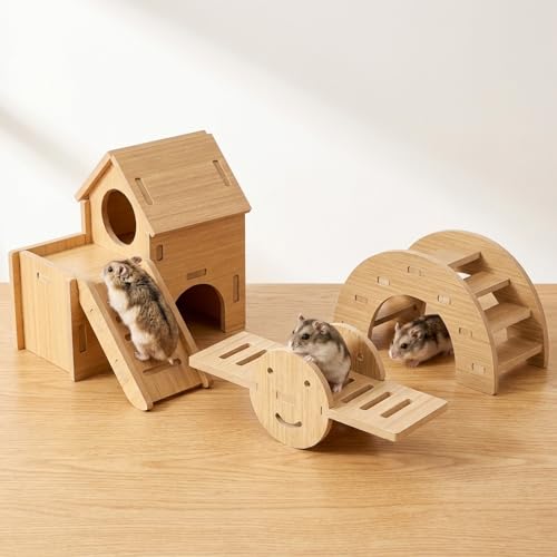 3 Pcs Hamster Wood House Set, Maze Wood House with Ramp,Activity Seesaw,Climbing Bridge,Small Animal Fun Activity Space for Syrian Hamsters, Gerbils, Mice - color: Wood House Set