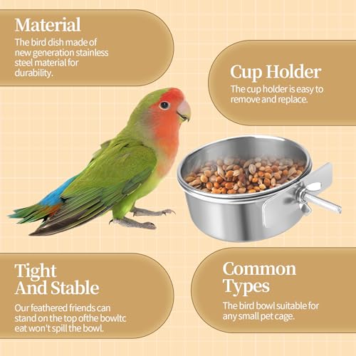 Bird Cage Feeder, Bird Feeder for Cage, 10oz Stainless Steel Food Water Bowl with Clamp, Clip-On Cage Coop Cup for Parrot Hamster Rabbit Rat Small Animals - color: 10oz Stainless Steel Bowl