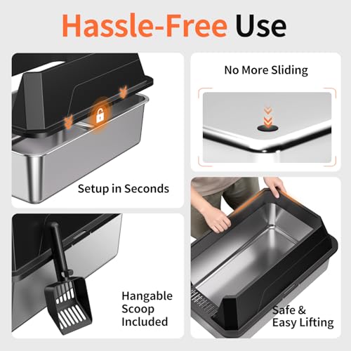 Stainless Steel Litter Box with High Sides, XL | High Sided Cat Litter Pan, Open Top Extra Large Metal Cat Litter Box, Non-Stick, Odor Free, Leakproof, Scoop Included,Black - color: Black